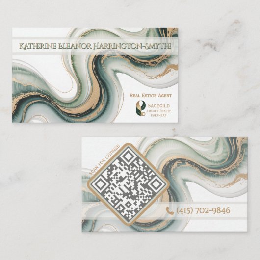 Sleek Sage Gold Marble Modern Realtor Logo QR Code Visitenkarte (Vorne/Hinten)