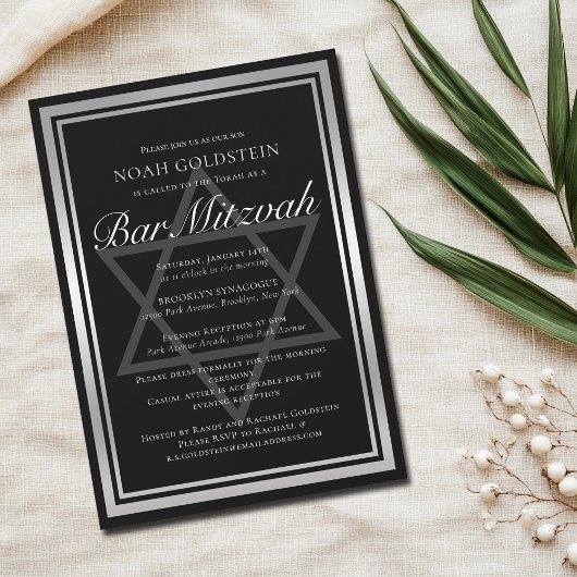 Sleek Silver Black Formal Bar Mitzvah Einladung
