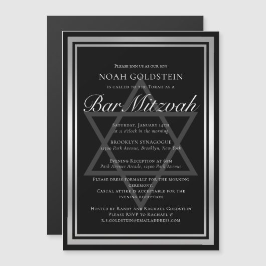 Sleek Silver Black Formal Bar Mitzvah Magneteinladung (Vorne/Hinten)