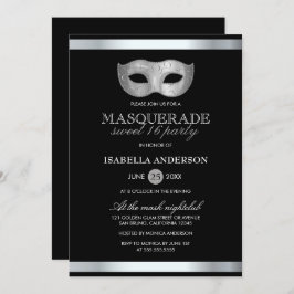 Sleek Silver & Black Masquerade Sweet 16 Party Einladung