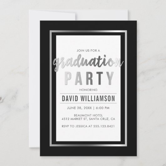 Sleek Silver & Black Typografy Graduation Party Einladung (Vorderseite)