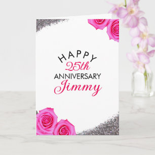 Sleek Silver Glitzer Pink Rose Husband Jubiläum Karte