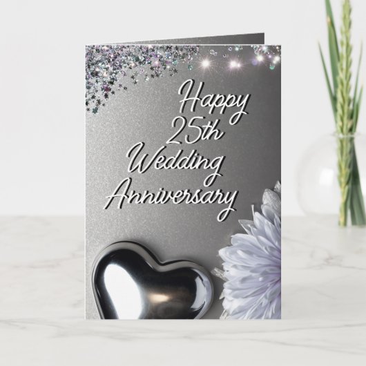 Sleek Silver Heart 25. Hochzeitstag Karte (Vorderseite)