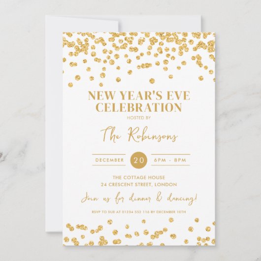 Sleek Silvester Party Gold Glitzer Confetti Einladung (Vorderseite)