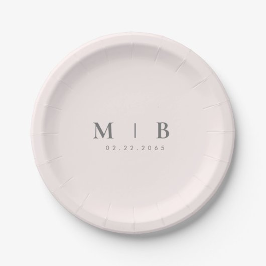 Sleek Simple Blush Monogram Wedding Paper Plate Pappteller (Vorderseite)