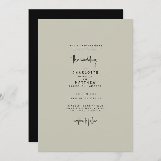 Sleek & Simple Bride Parents Khaki & Black Wedding Einladung (Vorne/Hinten)