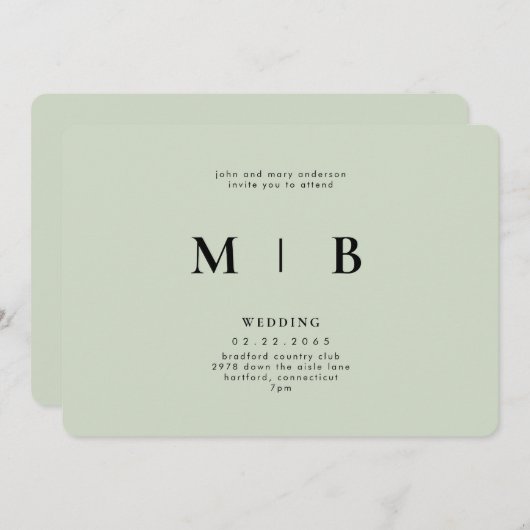 Sleek & Simple Monogram Sage Rounded Wedding Einladung (Vorne/Hinten)