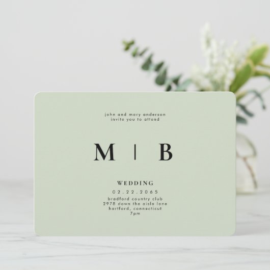 Sleek & Simple Monogram Sage Rounded Wedding Einladung (Stehend Vorderseite)