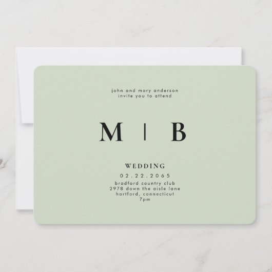 Sleek & Simple Monogram Sage Rounded Wedding Einladung (Vorderseite)