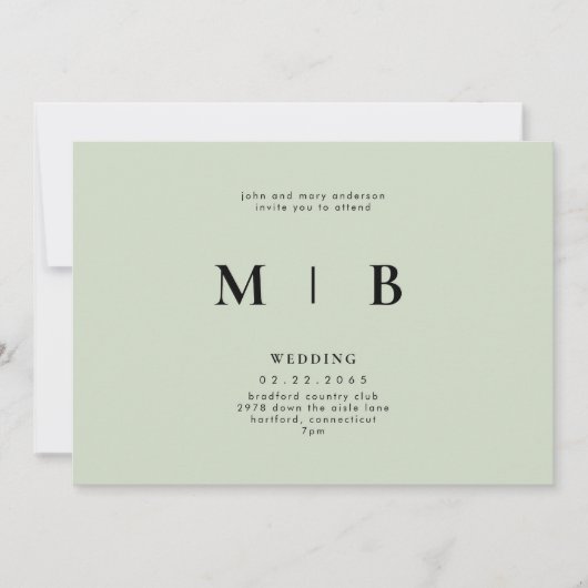 Sleek & Simple Monogram Sage Wedding Einladung (Vorderseite)