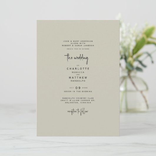 Sleek & Simple Tan & Black Wedding Einladung (Stehend Vorderseite)