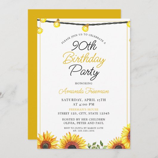 Sleek Sunflower 90. Geburtstag Einladung (Vorne/Hinten)