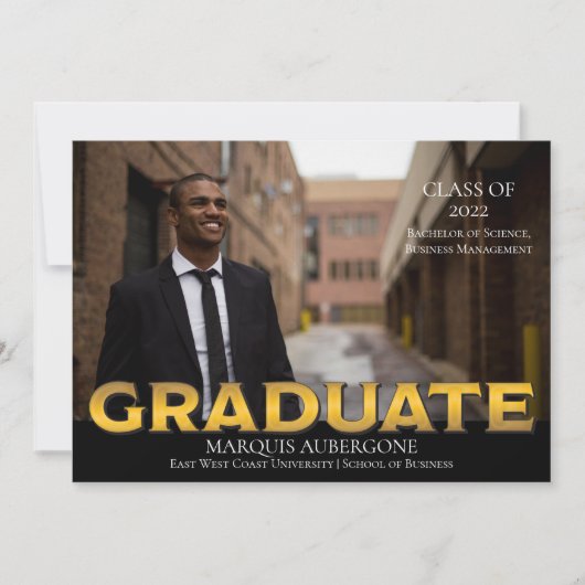 Sleek Uni | Univ Foto Graduate Black | Gold Einladung (Vorderseite)