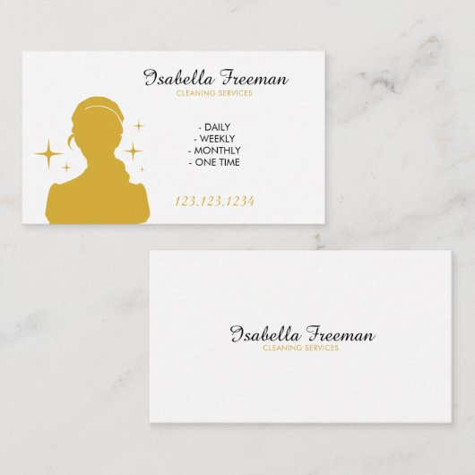 Sleek White & Gold Maid Silhouette House Reinigung Visitenkarte (Vorne/Hinten)