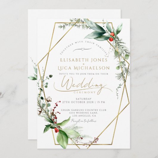 Sleek Winter Blätter Berry Gold Monogram Wedding Einladung (Vorne/Hinten)