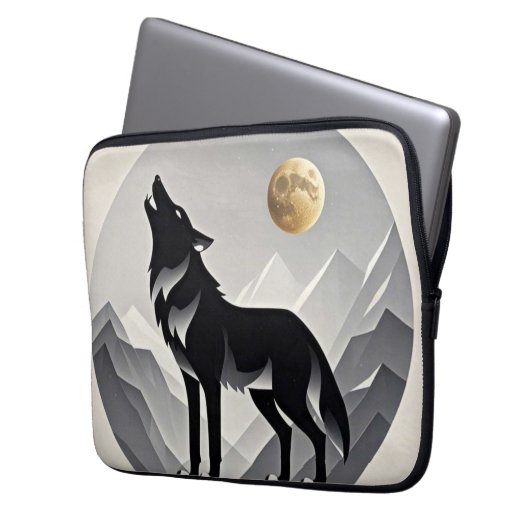 Sleek wolf Silhouette schwarz grau minimalistisch Laptopschutzhülle (Vorderseite Links)