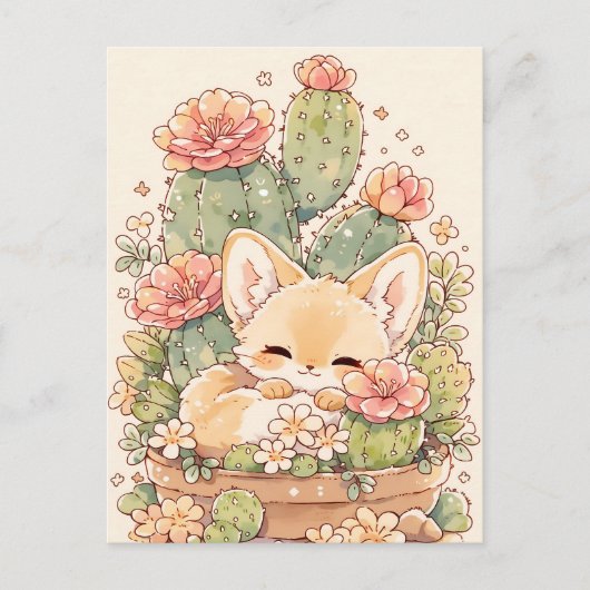 Sleeping Apricot Cactus Pot Fennec Fox Postkarte (Vorderseite)