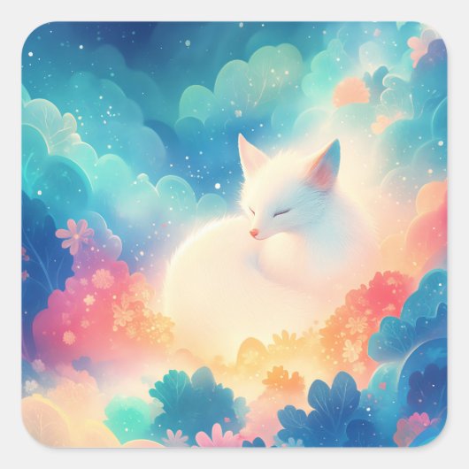 Sleeping Arctic Fox in Magical Pastel Cloud Quadratischer Aufkleber (Vorderseite)