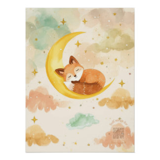 Sleeping Baby Fox Watercolor Nursery Wall Art Poster
