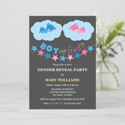 Sleeping Boy Girl Teddy Bears Gender Reveal Party Einladung (Stehend Vorderseite)