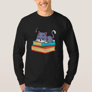 Sleeping Cat On Books Librarian bookish Cat & Book T-Shirt