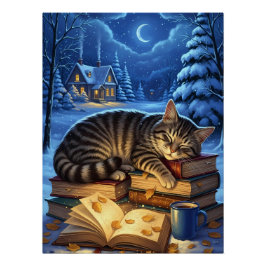 Sleeping Cat on Books Winter Night Poster
