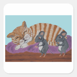 Sleeping Cat with Sneaky Mice  Quadratischer Aufkleber