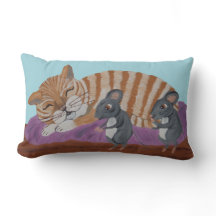Sleeping Cat with Sneaky Mice Throw Pillow