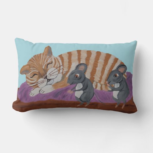 Sleeping Cat with Sneaky Mice Throw Pillow Lendenkissen (Vorderseite)