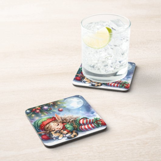 Sleeping Christmas Elf with Calico Kitten Getränkeuntersetzer (Rechte Seite)