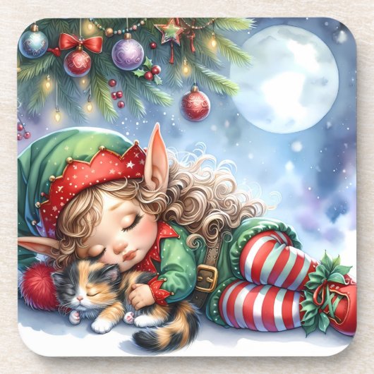Sleeping Christmas Elf with Calico Kitten Getränkeuntersetzer (Vorderseite)