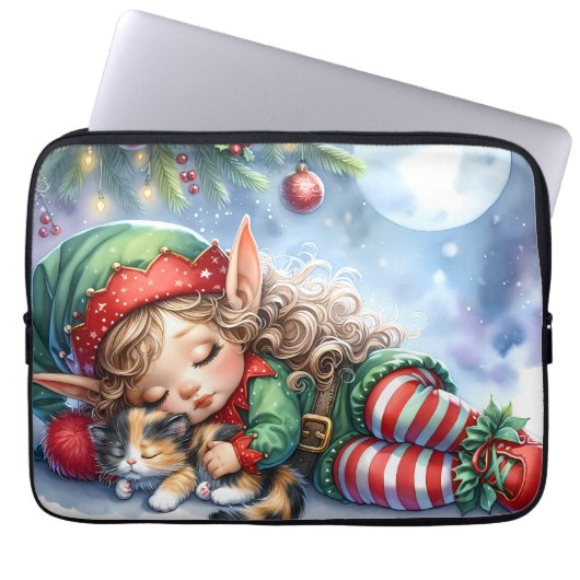 Sleeping Christmas Elf with Calico Kitten Laptopschutzhülle (Vorderseite)