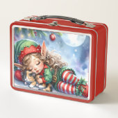 Sleeping Christmas Elf with Calico Kitten Metall Brotdose (Vorderseite)