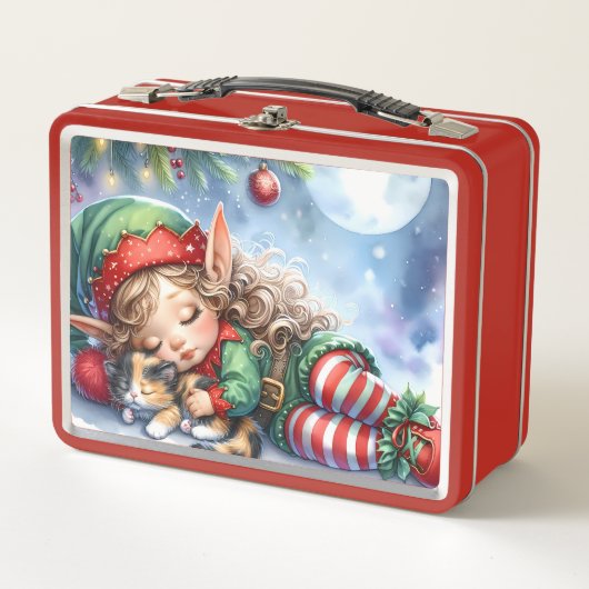 Sleeping Christmas Elf with Calico Kitten Metall Brotdose (Vorderseite)