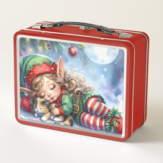 Sleeping Christmas Elf with Calico Kitten Metall Brotdose (Rückseite)