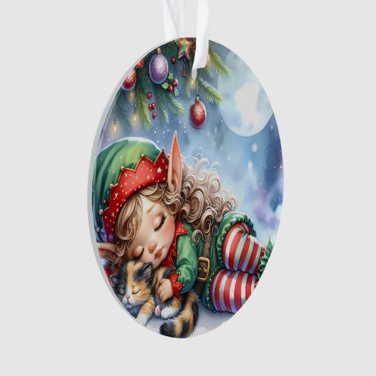 Sleeping Christmas Elf with Calico Kitten Ornament (Vorderseite)
