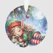 Sleeping Christmas Elf with Calico Kitten Ornament (Vorderseite)