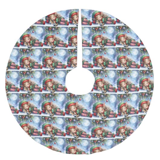 Sleeping Christmas Elf with Calico Kitten Polyester Weihnachtsbaumdecke (Vorderseite)