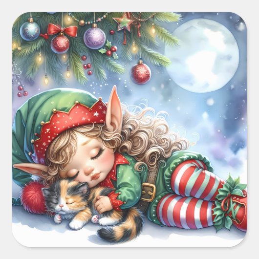 Sleeping Christmas Elf with Calico Kitten Quadratischer Aufkleber (Vorderseite)