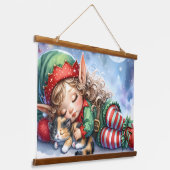 Sleeping Christmas Elf with Calico Kitten Wandteppich Mit Holzrahmen (Gewinkelt)