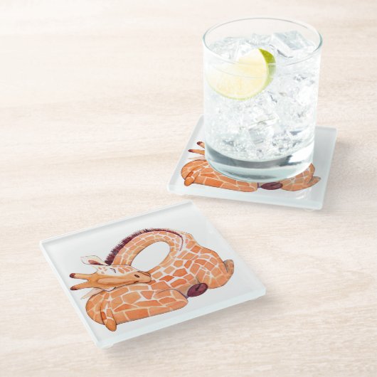 Sleeping Giraffe: Gentle Watercolor Glasuntersetzer (Schrägansicht)