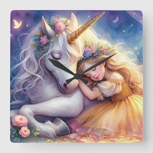 Sleeping Girl Unicorn Dreamscape Quadratische Wanduhr (Vorderseite)