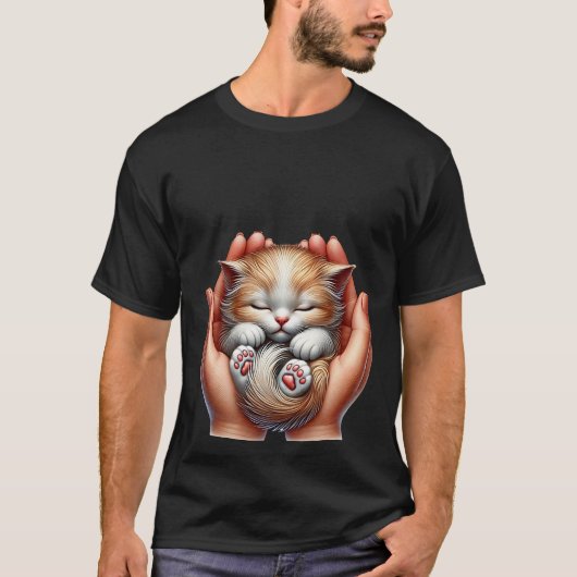 Sleeping Kitten Cradled in Hands Tiny Fluffy Cat  T-Shirt (Vorderseite)
