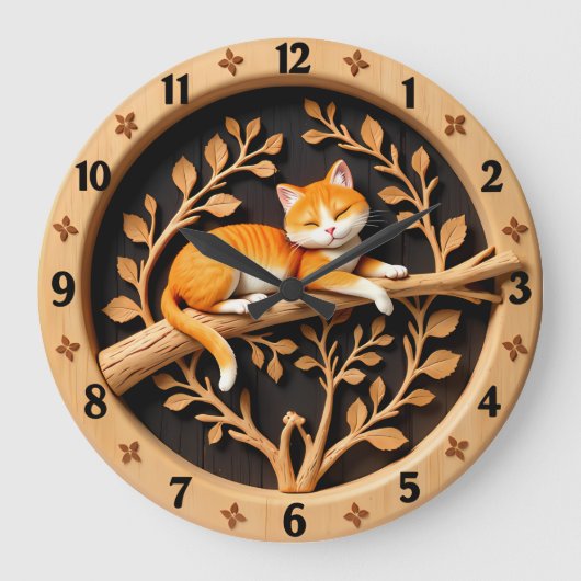 Sleeping Orange Tabby Cat Leaf Große Wanduhr (Vorderseite)