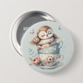 Sleeping Owl in Stacked Floral Teacups Button (Vorne & Hinten)