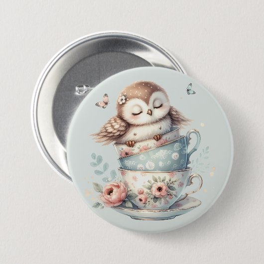Sleeping Owl in Stacked Floral Teacups Button (Vorne & Hinten)