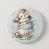 Sleeping Owl in Stacked Floral Teacups Button (Vorderseite)