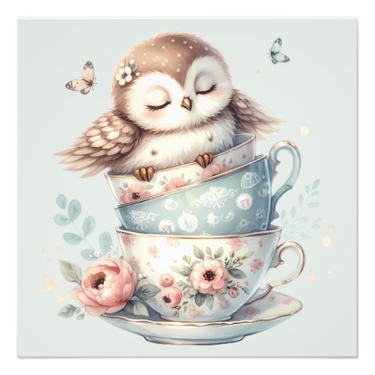 Sleeping Owl in Stacked Floral Teacups Fotodruck (Vorne)