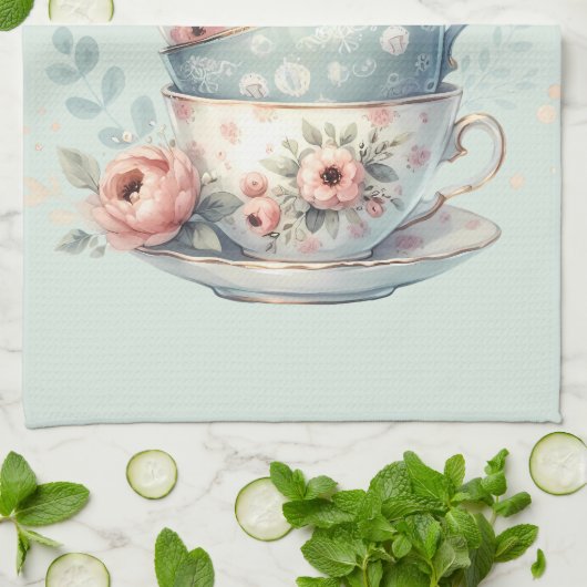 Sleeping Owl in Stacked Floral Teacups Geschirrtuch (Gefaltet)