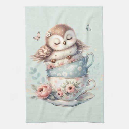 Sleeping Owl in Stacked Floral Teacups Geschirrtuch (Vertikal)